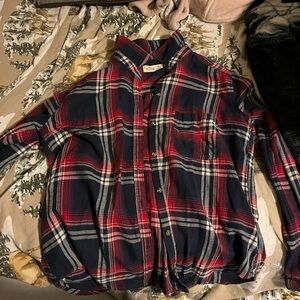 Plaid Button-Up Shirt - Red and Navy